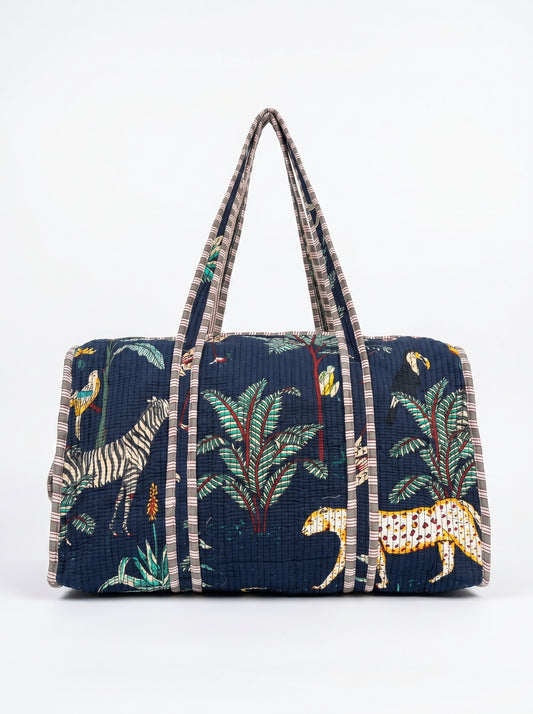 Navy Blue Safari Quilted Cotton Duffle Bag – Lightweight Travel Weekender