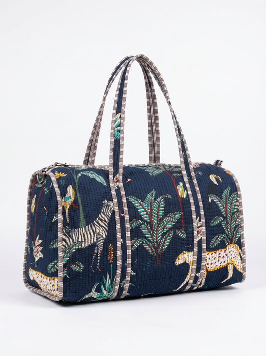 Navy Blue Safari Quilted Cotton Duffle Bag – Lightweight Travel Weekender