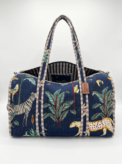 Navy Blue Safari Quilted Cotton Duffle Bag – Lightweight Travel Weekender