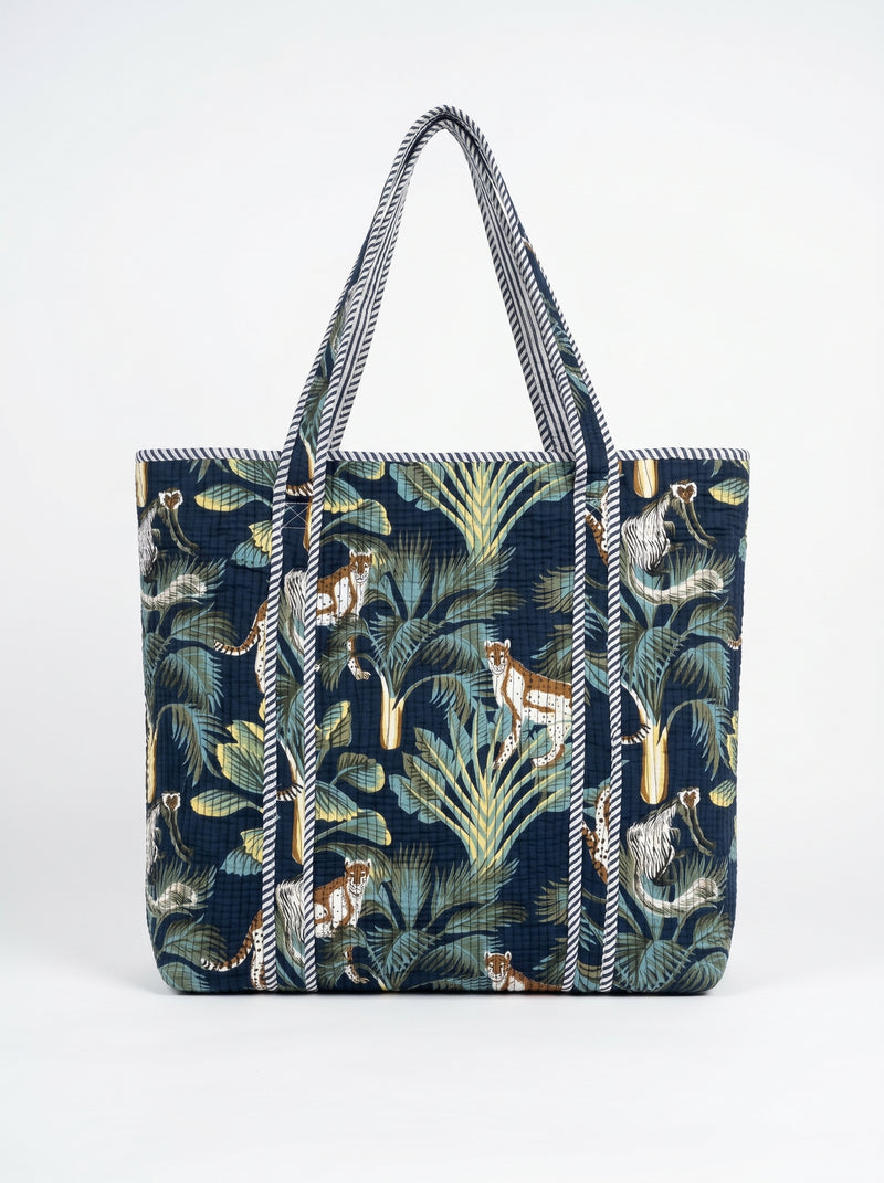 Solid navy blue quilted cotton tote bag for women by House of Arya