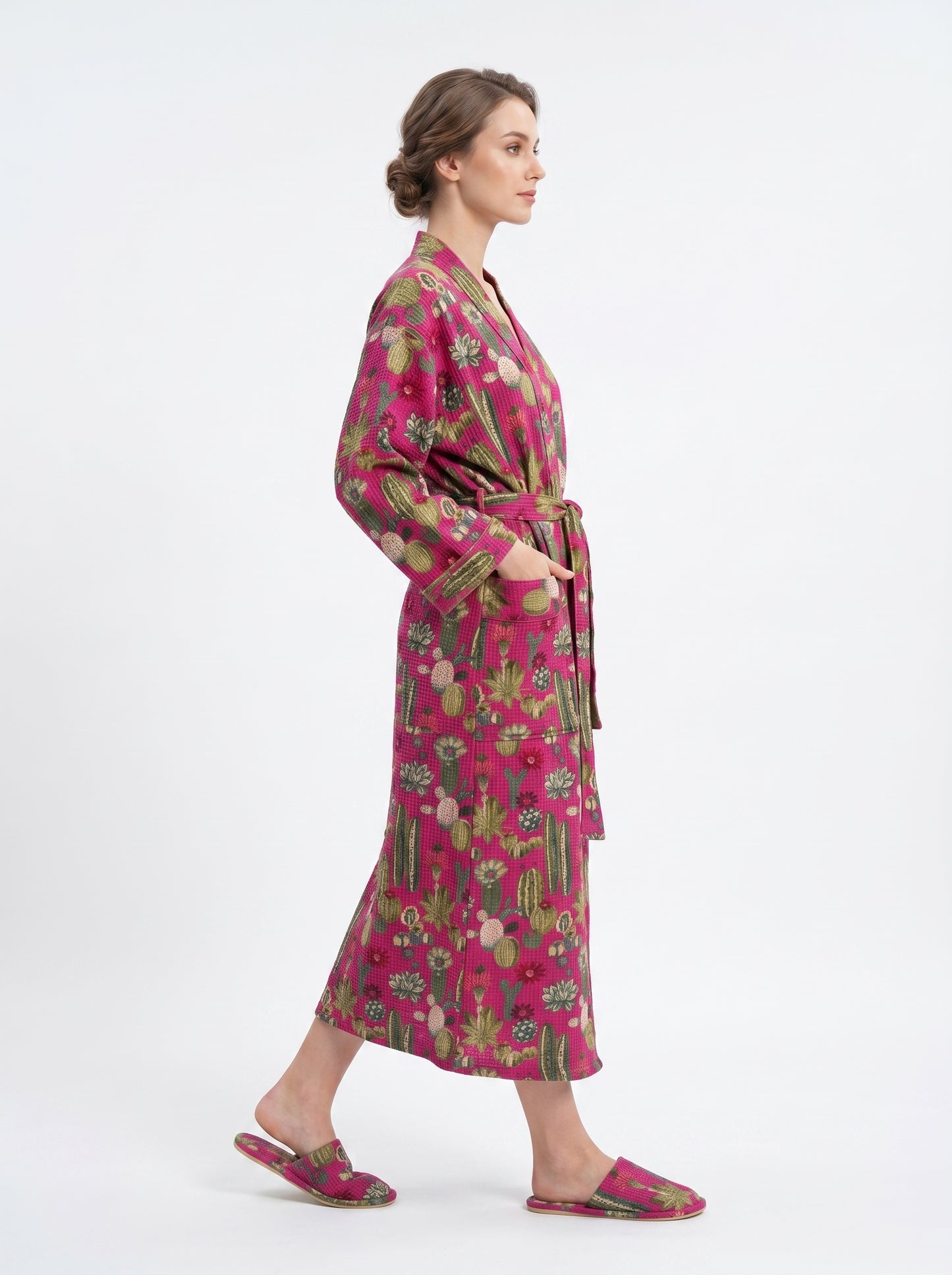 Cute Pink Cactus Plum Waffle Bathrobe – Luxury Spa Robe