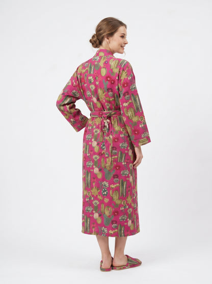 Cute Pink Cactus Plum Waffle Bathrobe – Luxury Spa Robe