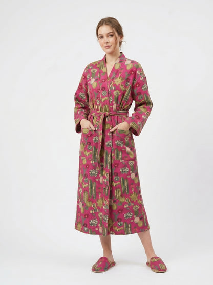 Cute Pink Cactus Plum Waffle Bathrobe – Luxury Spa Robe