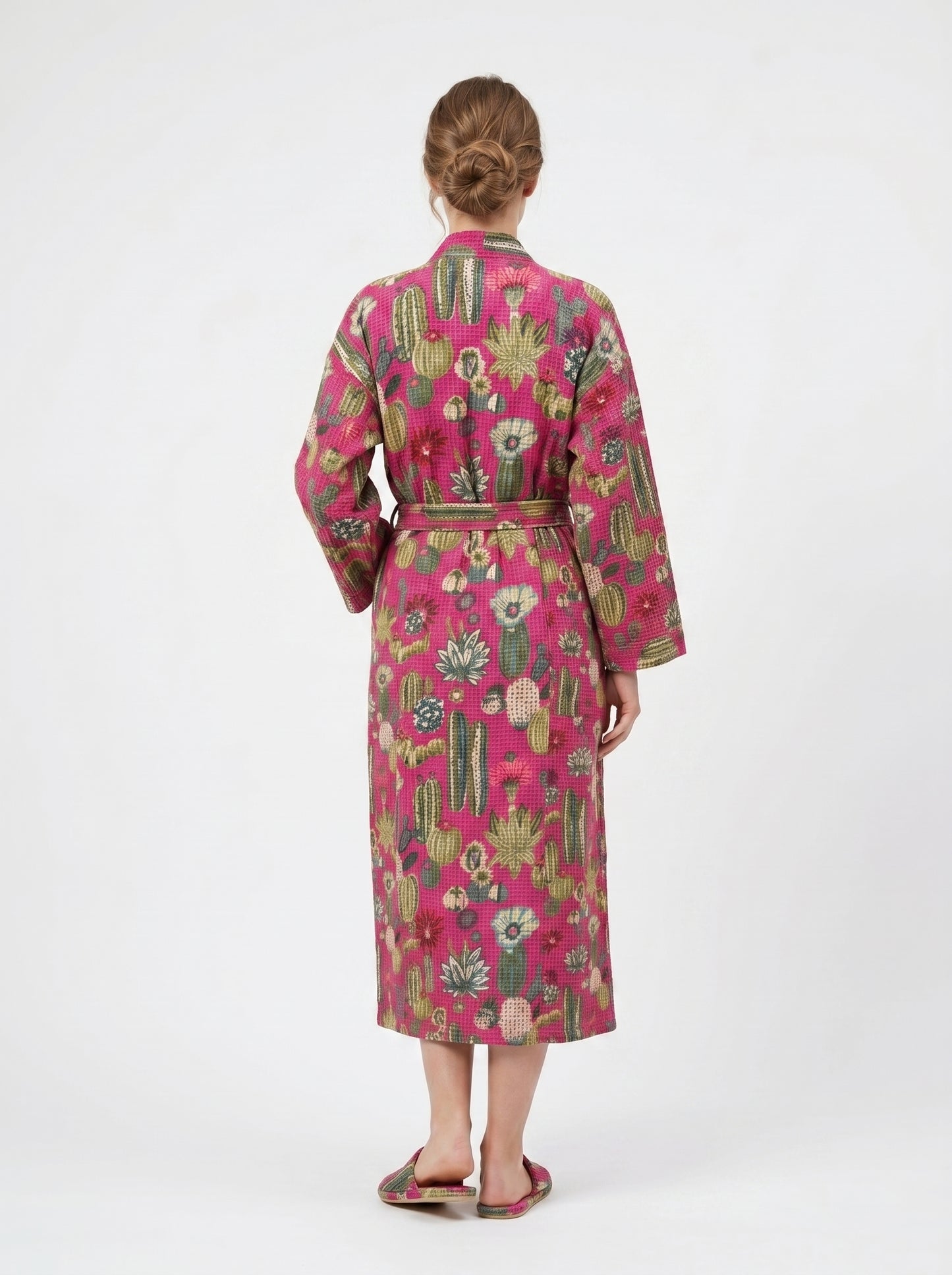Cute Pink Cactus Plum Waffle Bathrobe – Luxury Spa Robe