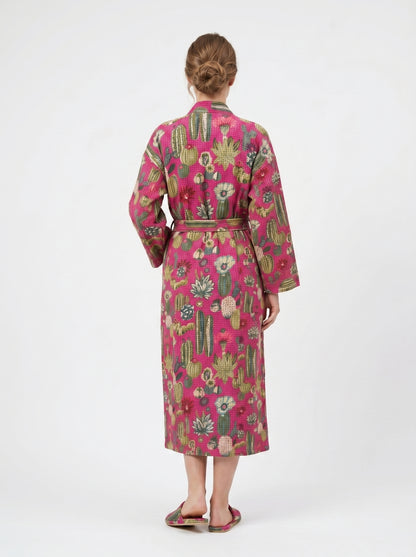 Cute Pink Cactus Plum Waffle Bathrobe – Luxury Spa Robe