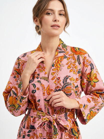 Pink Dream Vine Waffle Bathrobe – Luxury Spa Robe