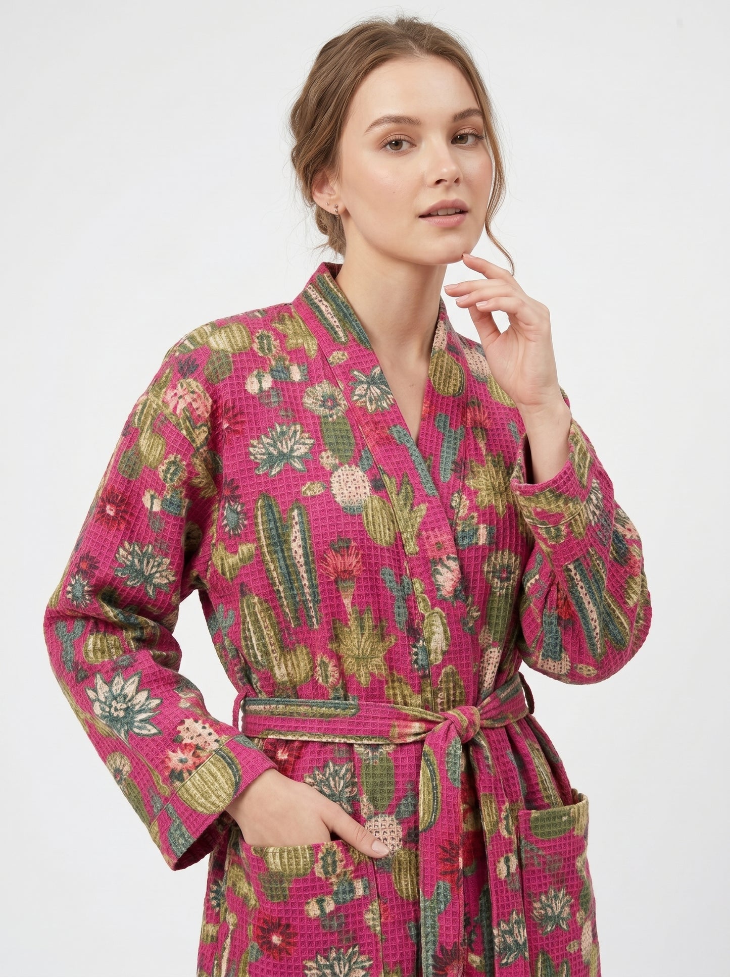 Cute Pink Cactus Plum Waffle Bathrobe – Luxury Spa Robe