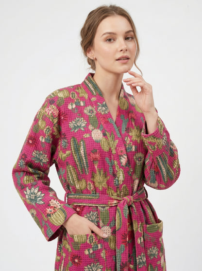 Cute Pink Cactus Plum Waffle Bathrobe – Luxury Spa Robe