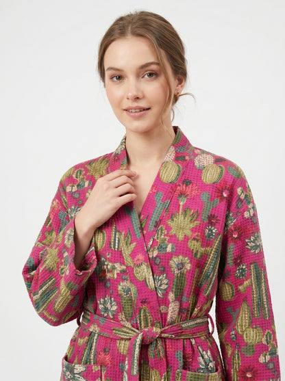 Cute Pink Cactus Plum Waffle Bathrobe – Luxury Spa Robe