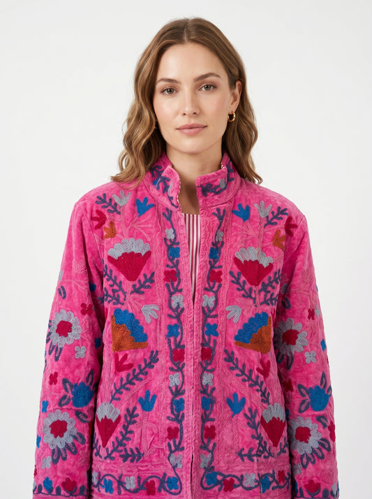 Women's Dream in Heaven 103 Suzani Reversible Velvet Jacket – Artistic Embroidered Statement Jacket
