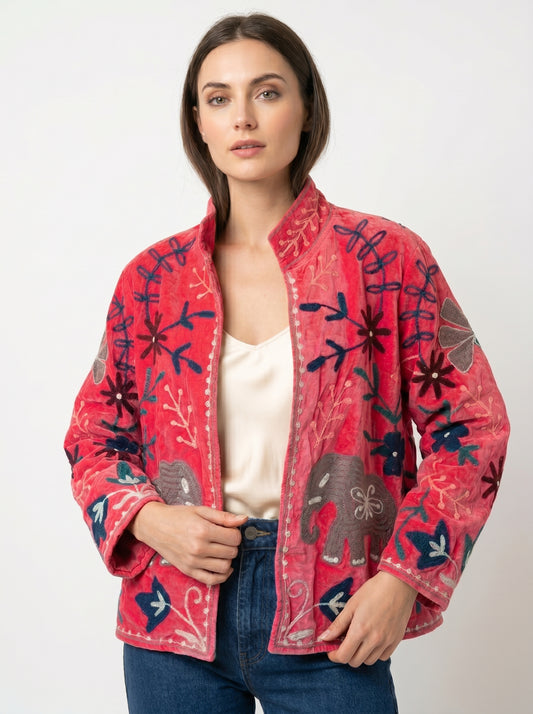 Women's Pink Heart 107 Suzani Reversible Velvet Jacket – Artistic Embroidered Statement Jacket