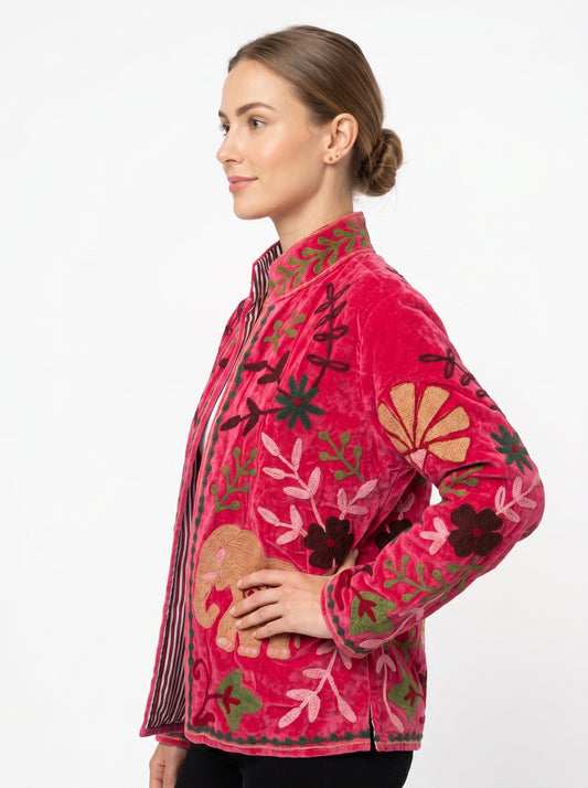 Women's Pink Break 106 Suzani Reversible Velvet Jacket – Artistic Embroidered Statement Jacket