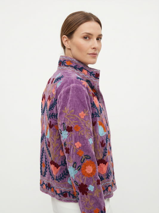 Women's  Purple Love 1015 Suzani Reversible Velvet Jacket – Artistic Embroidered Statement Jacket