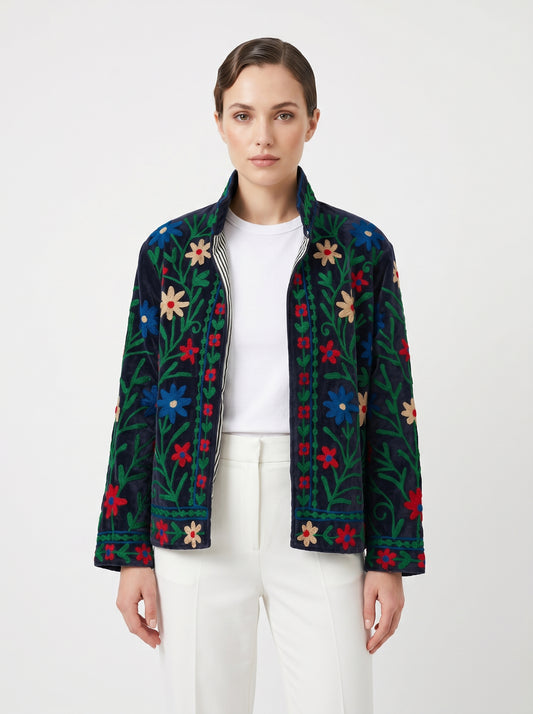 Women's Emerald Dreams 1014 Suzani Reversible Velvet Jacket – Artistic Embroidered Statement Jacket