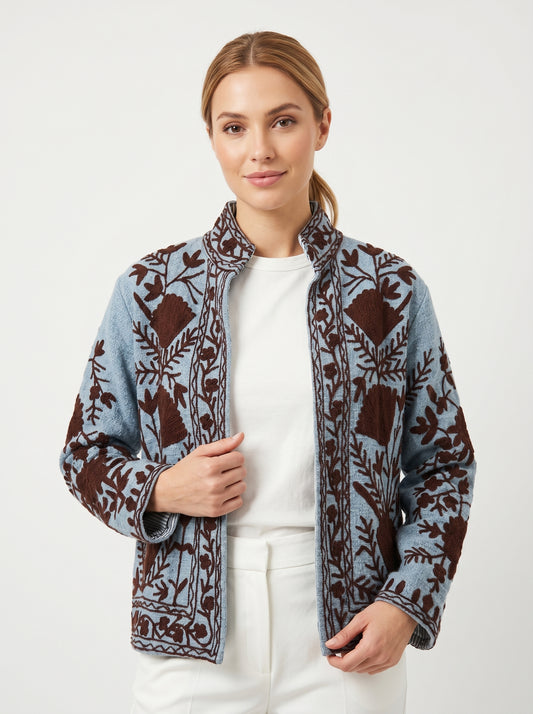 Women’s Ocean Petal Blue Suzani Reversible Cotton Jacket – Artistic Embroidered Statement Jacket