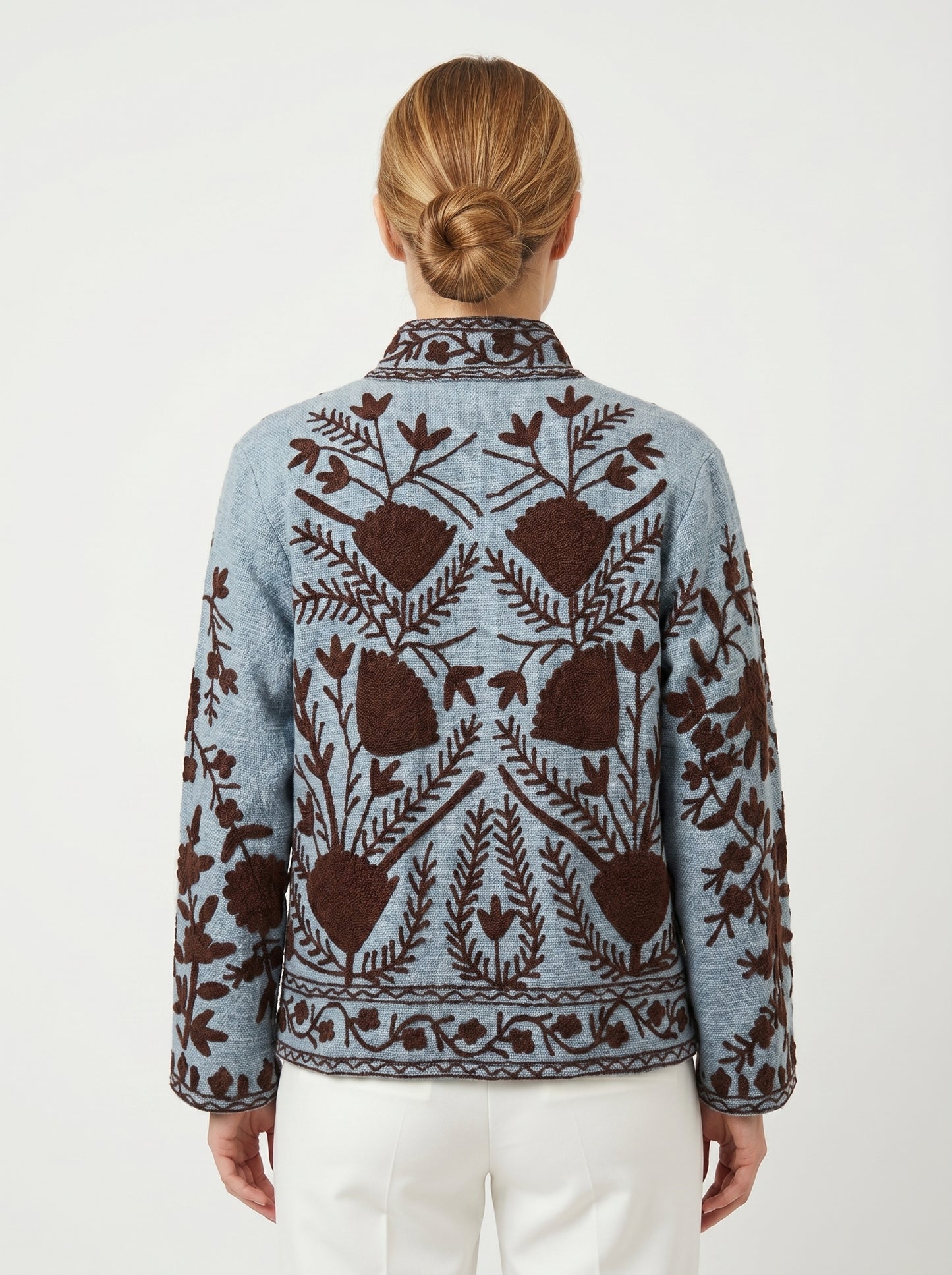 Women’s Ocean Petal Blue Suzani Reversible Cotton Jacket – Artistic Embroidered Statement Jacket