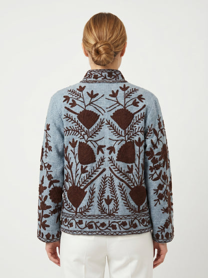 Women’s Ocean Petal Blue Suzani Reversible Cotton Jacket – Artistic Embroidered Statement Jacket