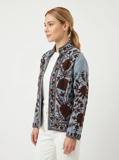 Women’s Ocean Petal Blue Suzani Reversible Cotton Jacket – Artistic Embroidered Statement Jacket
