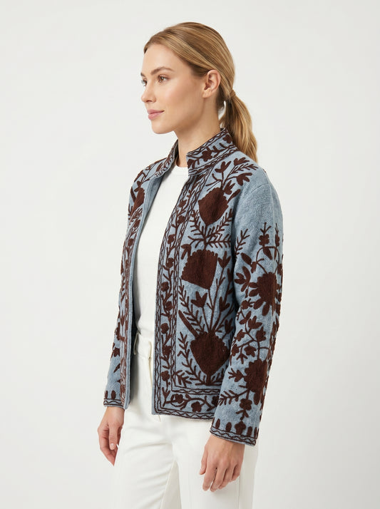 Women’s Ocean Petal Blue Suzani Reversible Cotton Jacket – Artistic Embroidered Statement Jacket