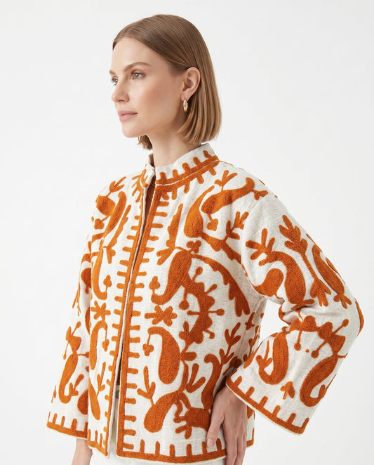 Women's Orange Abstract 1056 Suzani Reversible Cotton Jacket – Artistic Embroidered Statement Jacket