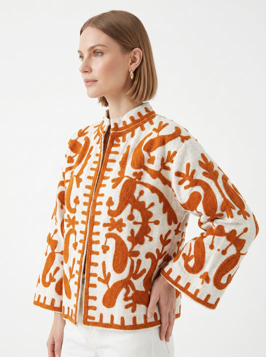 Women's Orange Abstract 1056 Suzani Reversible Cotton Jacket – Artistic Embroidered Statement Jacket