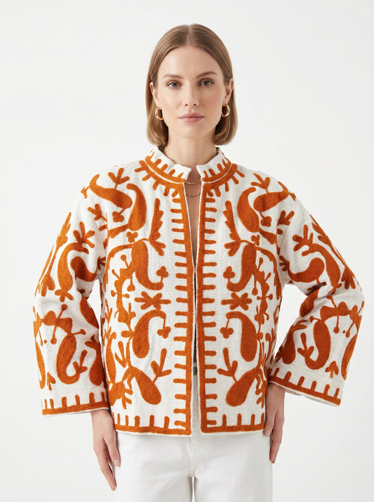 Women's Orange Abstract 1056 Suzani Reversible Cotton Jacket – Artistic Embroidered Statement Jacket