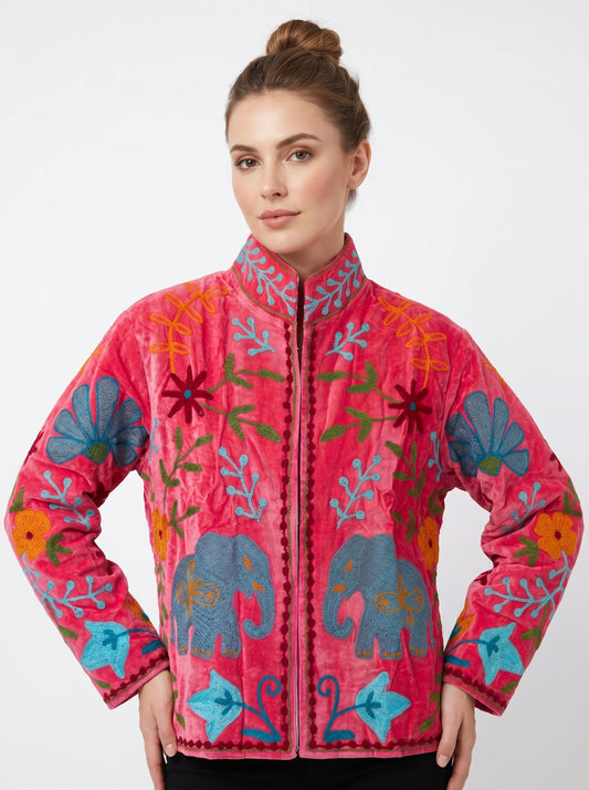 Women's Pink Lovers 108 Suzani Reversible Velvet Jacket – Artistic Embroidered Statement Jacket