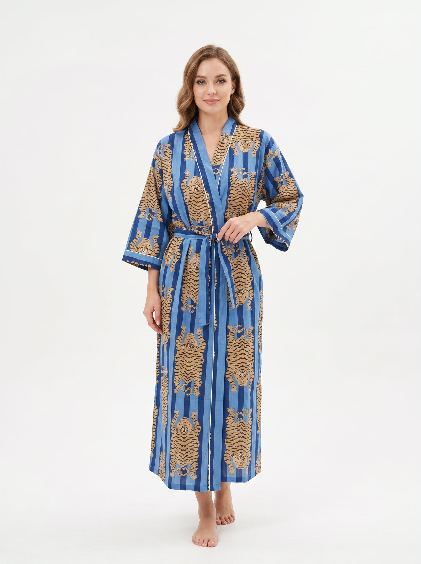 Tiger Blue Stripes-3 – Women’s Cotton Tibetan Kimono