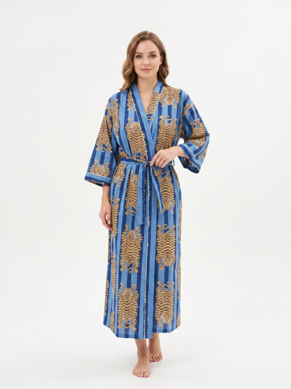 Tiger Blue Stripes-3 – Women’s Cotton Tibetan Kimono
