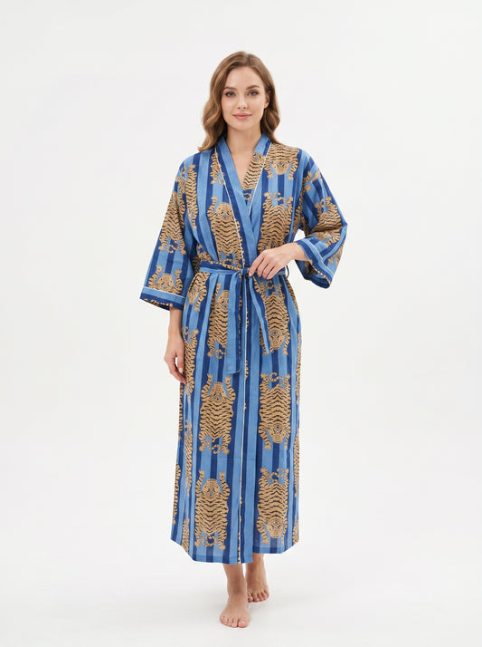 Tiger Blue Stripes-3 – Women’s Cotton Tibetan Kimono