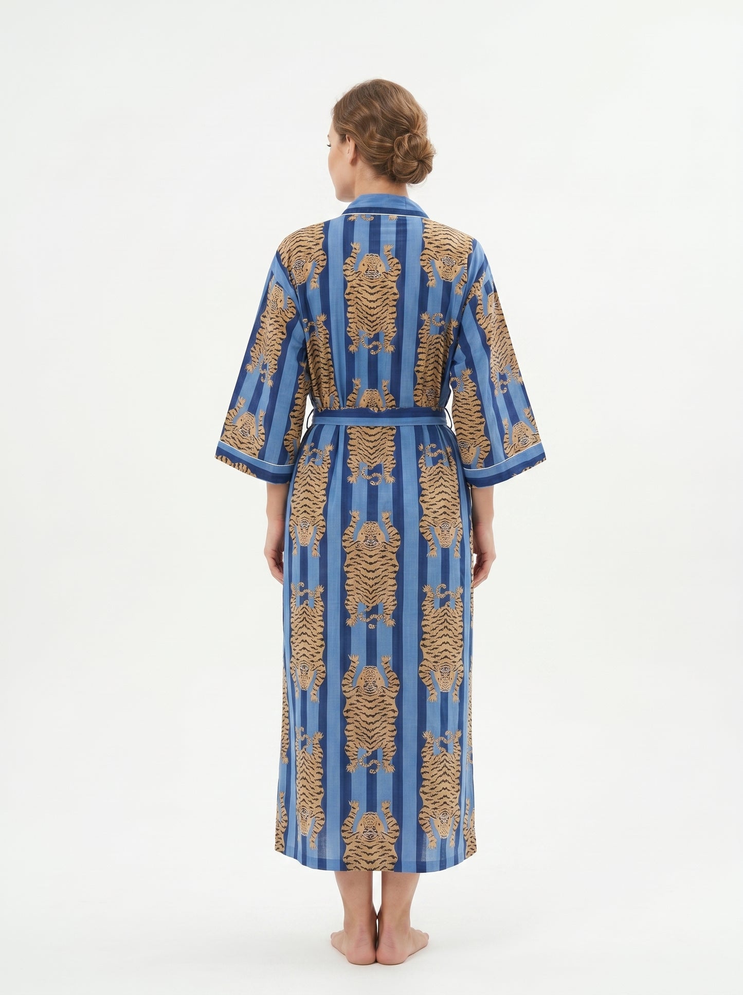 Tiger Blue Stripes-3 – Women’s Cotton Tibetan Kimono