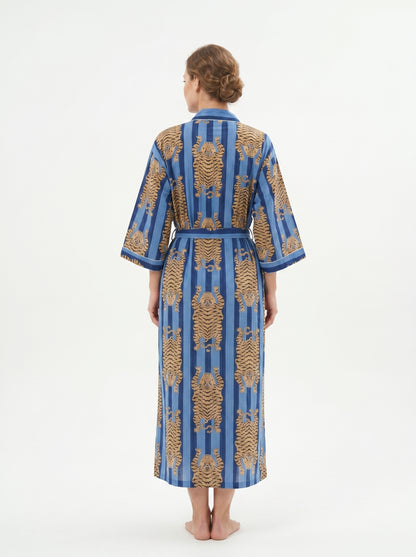 Tiger Blue Stripes-3 – Women’s Cotton Tibetan Kimono