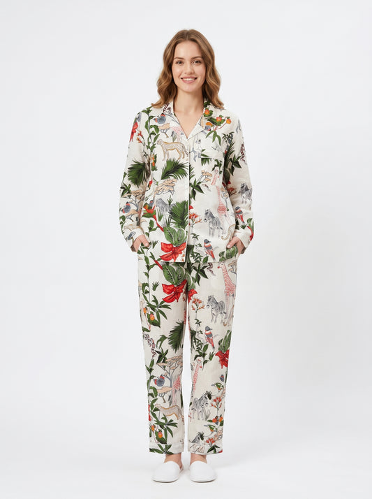 White Night Queen Cotton Night Suit Set – Elegant Two Piece Pajama Set description