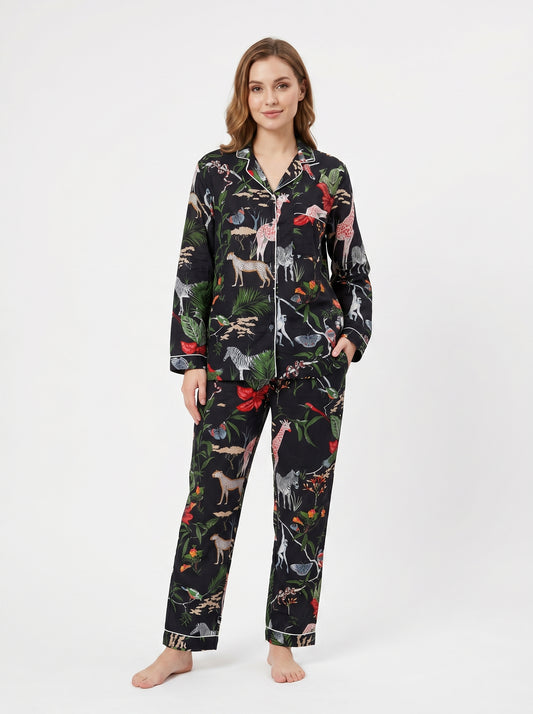 Black Night Queen Cotton Night Suit Set – Elegant Two Piece Pajama Set description