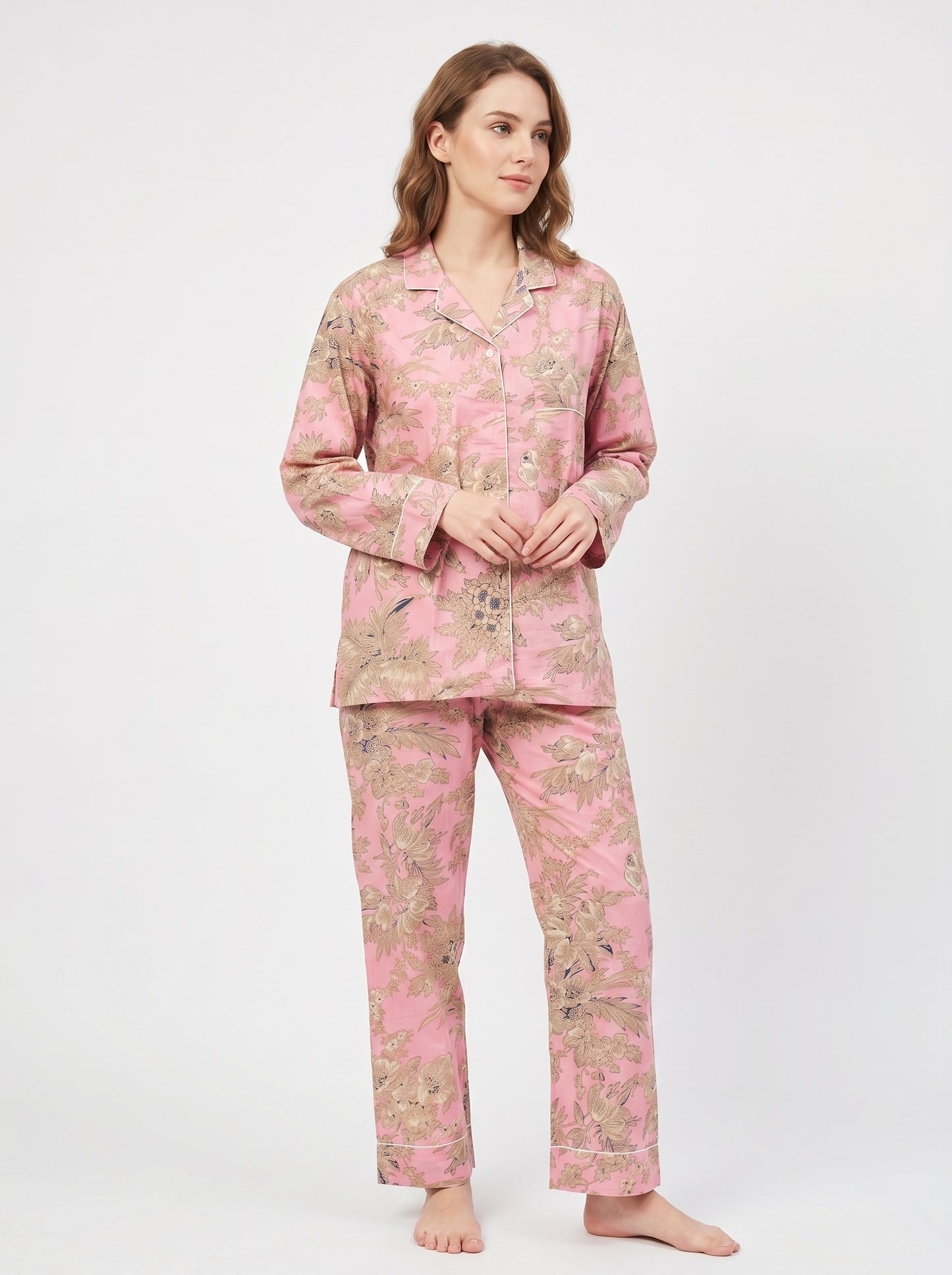 Blush Bloom Cotton Night Suit Set – Elegant Two Piece Pajama Set description