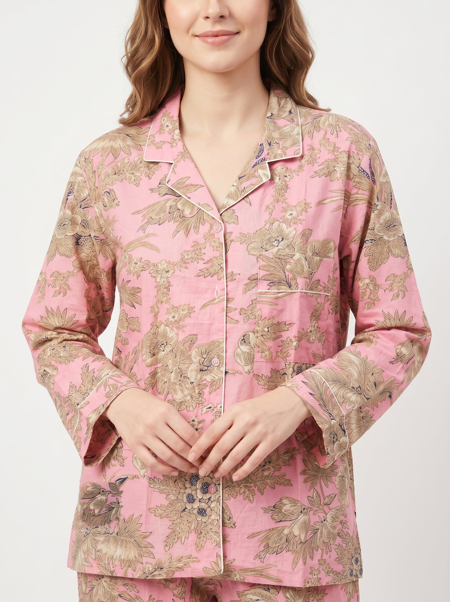Blush Bloom Cotton Night Suit Set – Elegant Two Piece Pajama Set description