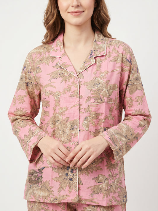 Blush Bloom Cotton Night Suit Set – Elegant Two Piece Pajama Set description