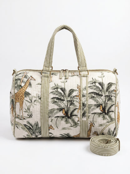 White Jungle Muse Quilted Cotton Duffle Bag – Lightweight Travel Weekender