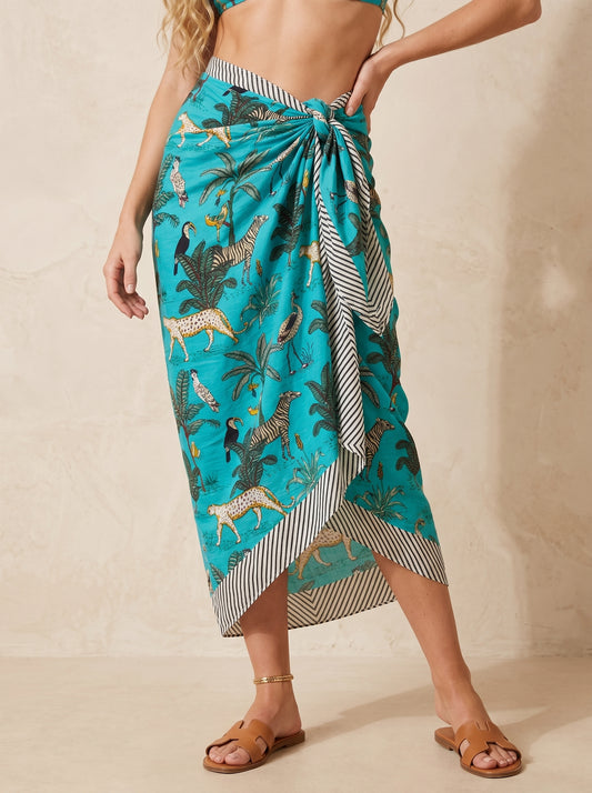 Blue Safari Print Beach Sarong Wrap Skirt