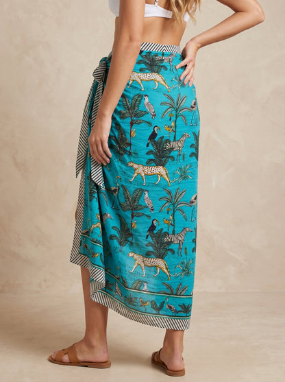 Blue Safari Print Beach Sarong Wrap Skirt