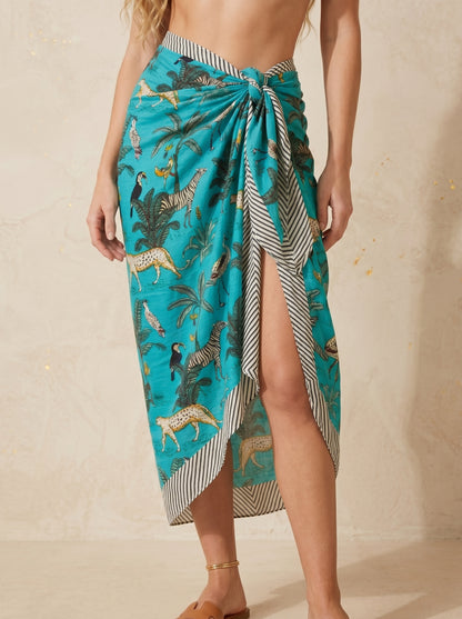 Blue Safari Print Beach Sarong Wrap Skirt
