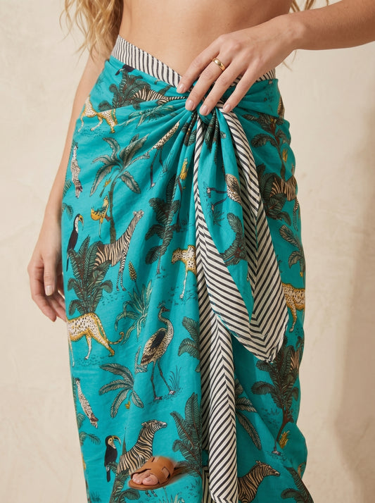 Blue Safari Print Beach Sarong Wrap Skirt