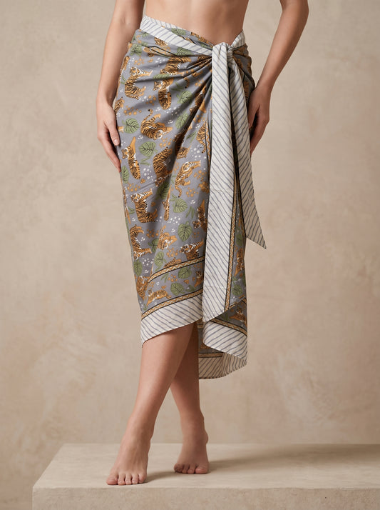 Grey Tiger-2 Print Beach Sarong Wrap Skirt