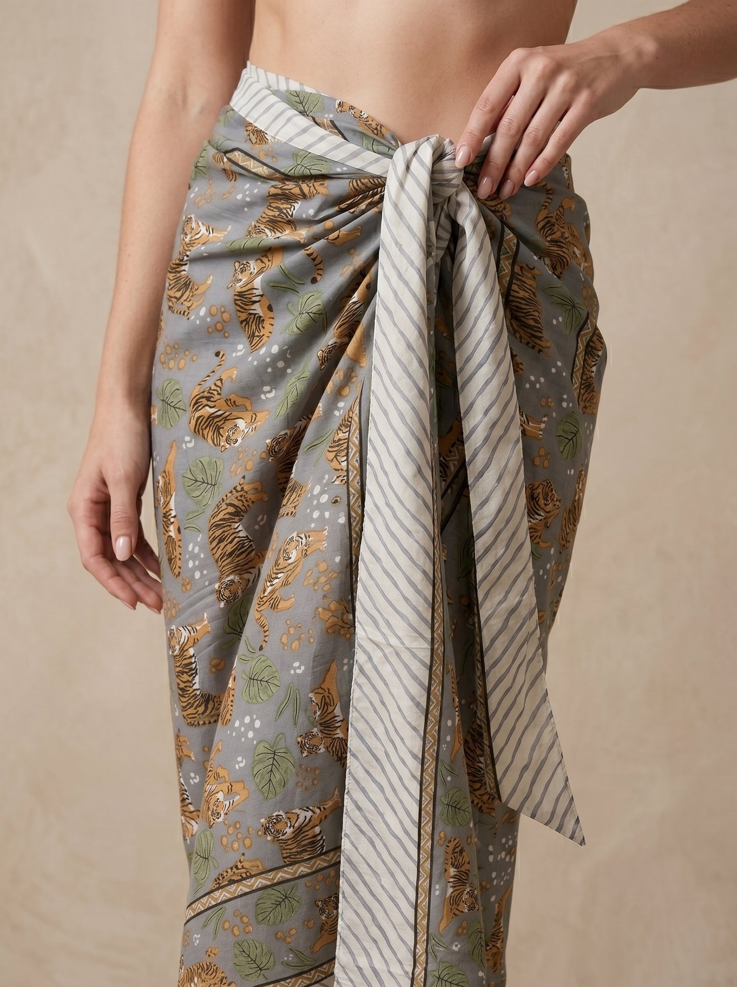 Grey Tiger-2 Print Beach Sarong Wrap Skirt