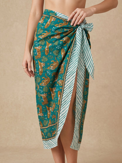 Green Tiger Print Beach Sarong Wrap Skirt