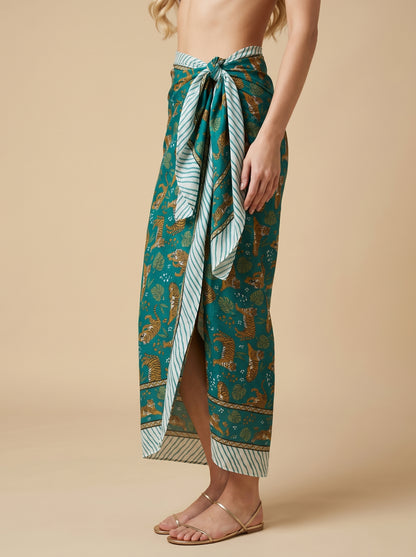 Green Tiger Print Beach Sarong Wrap Skirt