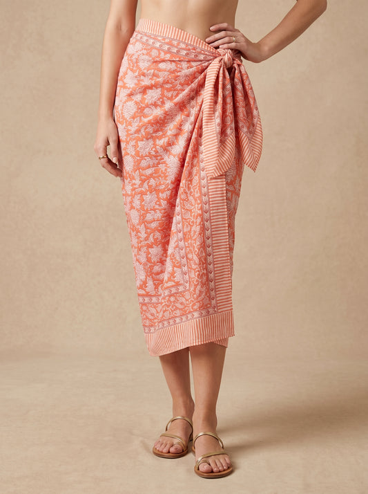 Orange Floral Print Beach Sarong Wrap Skirt