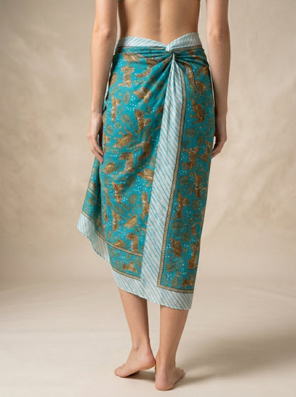 Turquoise Blue Printed Beach Sarong Wrap Skirt