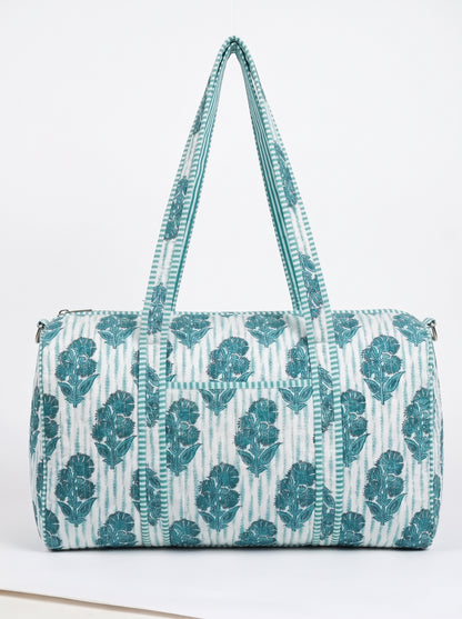 Teal Blue Quilted Cotton Duffle Bag – Lightweight Travel Weekender