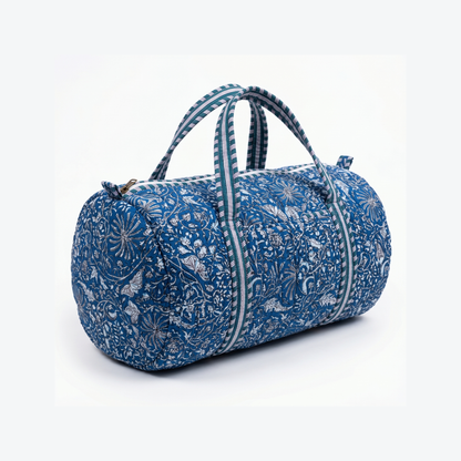 Blue Floral Print Quilted Cotton Duffle Bag – Lightweight Travel Weekender